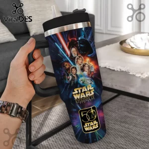 Star Wars Episode IV 50th Anniversary 40oz tumbler with a wraparound graphic featuring Luke, Vader, and a gold logo.