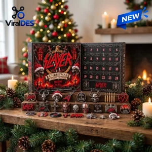 Front view of Slayer Christmas Advent Calendar 2026 with numbered doors and metal ornaments displayed on a wooden stand.