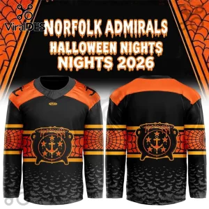 Norfolk Admirals 2026 Halloween Orange Black Hockey Jersey with cauldron, spider web graphics, and bat patterns.