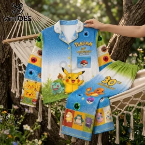 Pokemon 30th Anniversary Pikachu Pajama Sleepwear Set featuring Pikachu, Bulbasaur, and Charmander on blue and green fabric.
