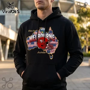 San Francisco 49ers Melbourne 2026 Australia black hoodie featuring a map of Australia filled with US and Australian flags.