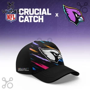 Arizona Cardinals NFL Crucial Catch Black Cap featuring a team logo, multicolor paint strokes, and mission text on a visor.