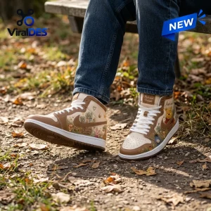 Lifestyle view of Winnie the Pooh and Friends beige Air Jordan 1 sneakers worn on a forest path.