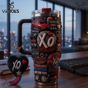 The Weeknd After Hours 40oz Stanley Tumbler featuring black finish, XO branding, red sports car, and musical motifs.