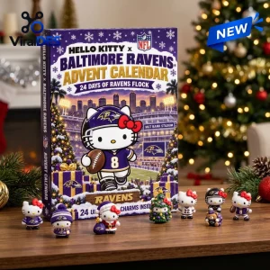 Front view of a Hello Kitty x Baltimore Ravens advent calendar with small character figurines on a wooden table.