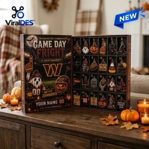 Front view of Washington Commanders Halloween 2026 Advent Calendar displaying twenty-four themed ornaments on a table.