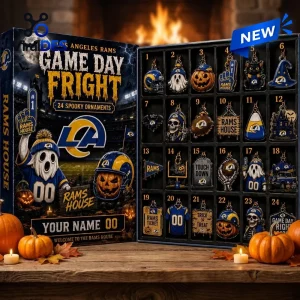 Open Los Angeles Rams Game Day Fright Halloween Advent Calendar displaying 24 spooky ornaments on wooden table.