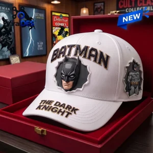 Front view of a white baseball cap featuring 3D text and character patches.