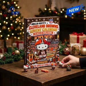 Front view of a Cleveland Browns advent calendar with Hello Kitty figures and accessories on a wooden table.