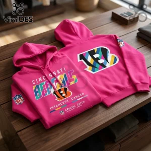 Cincinnati Bengals Crucial Catch Intercept Cancer hoodie in hot pink with multicolored team branding and NFL logos.