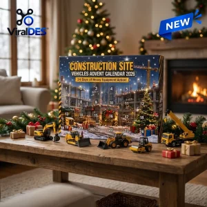 Front view of a construction site vehicles advent calendar 2026 with toy trucks on a wooden table.