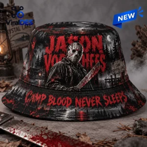 Front view of the Jason Voorhees Camp Crystal Lake bucket hat featuring a hockey mask graphic and red text.