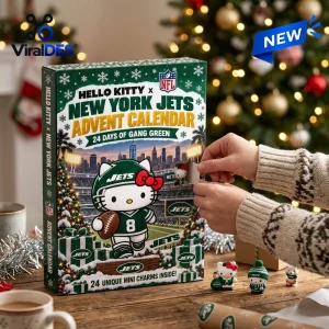 Close-up of a person opening a Hello Kitty x New York Jets Advent Calendar with a festive holiday tree background.