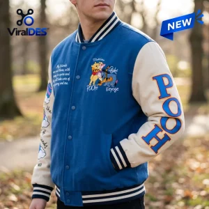 Front view of a Winnie the Pooh Blue and Beige Baseball Jacket worn by a person.
