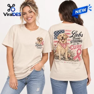 Front and back view of a person wearing a beige Labrador breast cancer awareness t-shirt with floral graphics.