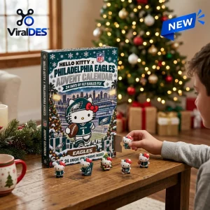 A person opening a Hello Kitty x Philadelphia Eagles Advent Calendar with small character figurines on a wooden table.