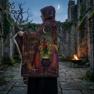 Witchcraft Illustration Sherpa Fleece Hooded Blanket featuring three witches brewing a potion in a stone ruin setting.