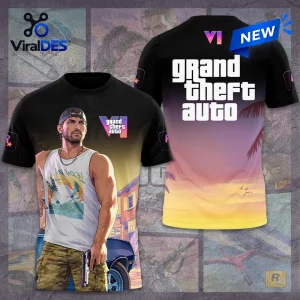 Front and back view of a black t-shirt featuring vibrant tropical graphics and game branding.