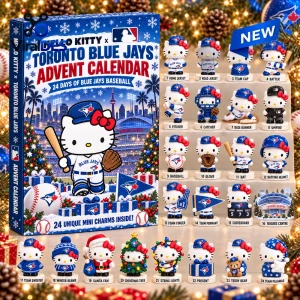 Front view of Hello Kitty x Toronto Blue Jays Advent Calendar with 24 mini figurine charms.
