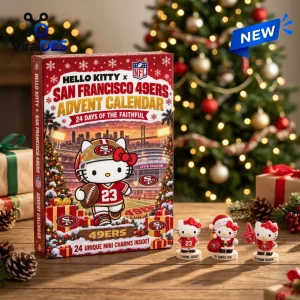 Front view of Hello Kitty x San Francisco 49ers advent calendar box with three small character figurines displayed nearby.