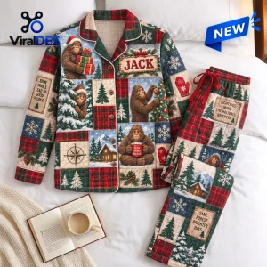 Personalized Bigfoot Christmas Quilted Pajama Set featuring a patchwork pattern with Sasquatch, pine trees, and plaid fabric.