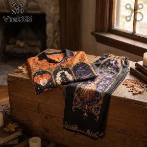 Hocus Pocus Halloween Satin Pajama Set 2026 featuring character art, purple smoke, and gold accents on an orange background.