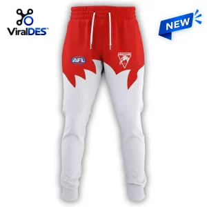 Sydney Swans 2026 Signature Red Hoodie style joggers with white drawstrings, AFL and Sydney Swans team logos on red and white.