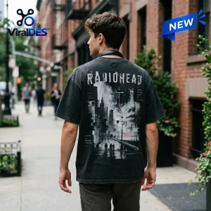 Radiohead Urban Silence Distressed Shirt featuring a monochromatic cityscape graphic on a faded black cotton crewneck.