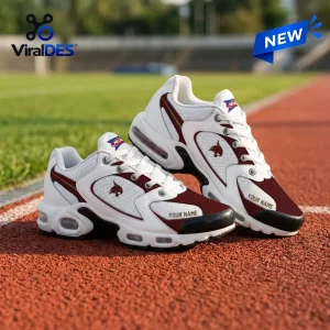 Texas State Bobcats Personalized Air Max Plus Sneakers featuring white mesh, maroon accents, and customizable name panels.