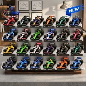 Front view of Formula 1 Advent Calendar Diecast Cars arranged on a tiered display stand.