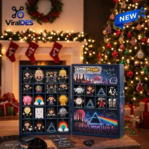 Front view of Pink Floyd Christmas Advent Calendar 2026 displayed open with band-themed figurines against a holiday fireplace.
