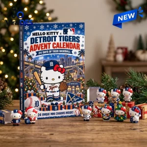 Front view of Hello Kitty x Detroit Tigers Advent Calendar with mini figures on a wooden table.