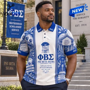 Premium Phi Beta Sigma Fraternity Polo Shirt featuring blue and white historical graphics, Greek letters, and floral borders.