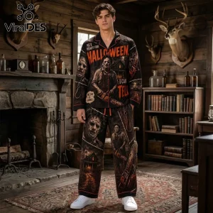 Michael Myers Horror Movie Personalized Pajama Set featuring Leatherface graphic prints on black fabric in a rustic cabin.