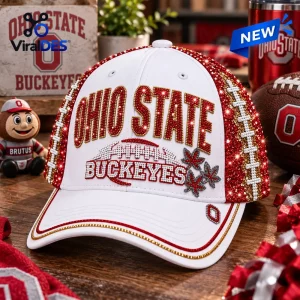 Front view of a white baseball cap featuring Ohio State Buckeyes red and white rhinestone embroidery and patterns.