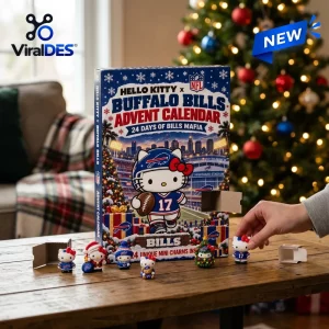 Front view of Hello Kitty x Buffalo Bills advent calendar with small figurines displayed on a wooden table.