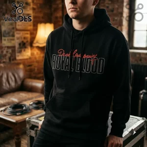 Royal Blood UK Tour 2026 Signature Black Hoodie featuring white outlined text on a soft cotton fabric in a studio setting.