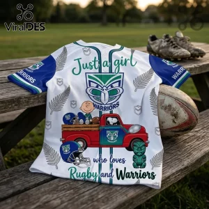New Zealand Warriors Snoopy Rugby Button Down Jersey featuring a red truck, Snoopy, team logos, and silver fern prints.