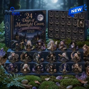 Front view of Moonlight Coven Witch Advent Calendar featuring twenty-four collectible figures and numbered boxes.
