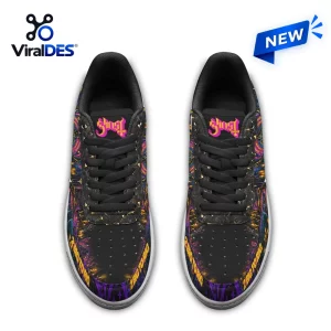 Ghost Band 2 Big To Rig Air Force 1 sneaker pair with black laces and colorful, occult-inspired graphic patterned leather.