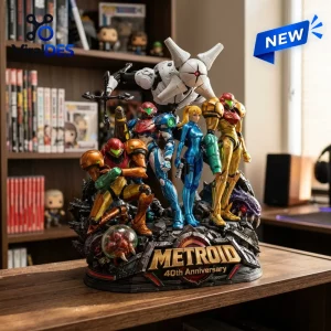 Metroid 40th Anniversary Samus Aran acrylic plaque featuring various Samus suits and a large central boss on a dark base.