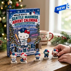 Front view of Hello Kitty x Seattle Mariners Christmas Advent Calendar with mini figurines on a table.