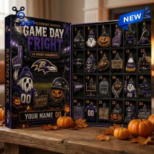 Open Halloween advent calendar with 24 numbered compartments containing sports-themed ornaments.