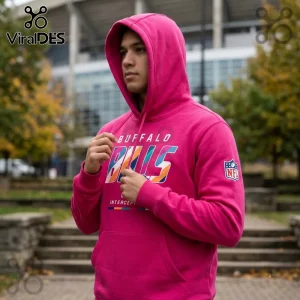 Buffalo Bills NFL Crucial Catch Intercept Cancer Pink Hoodie featuring team graphics and NFL logo on a model.