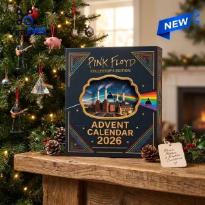 Front view of Pink Floyd Advent Calendar 2026 on wooden table with holiday decor.
