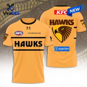Hawthorn Football Club Gold Performance T-Shirt displaying front and back views with team logos and sponsor branding.