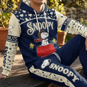 Snoopy Flying Ace Navy Blue Hoodie Jogger set featuring Snoopy on a red doghouse with Woodstock icons and cream sleeves.