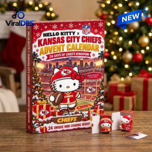 Front view of Hello Kitty x Kansas City Chiefs Advent Calendar with two opened mini charm boxes on a wooden table.