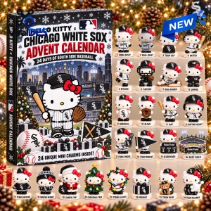 Front view of Hello Kitty x Chicago White Sox Advent Calendar packaging and twenty-four mini figurines.