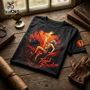 Tomb Raider 30th Anniversary Lara Croft T-Shirt featuring Lara holding a flare against orange flames on black cotton.